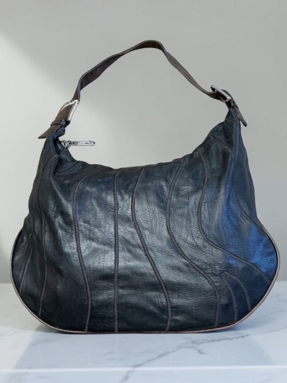 Classic Black Leather Shoulder Hobo Bag